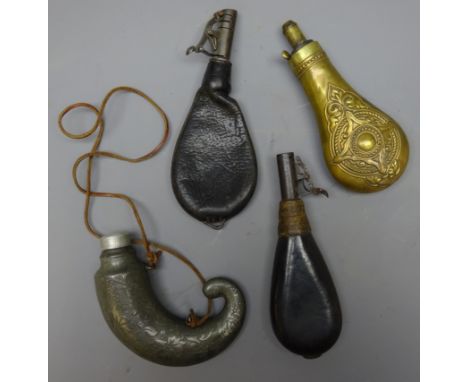 Leather shot flask the dispenser stamped Sykes, another, a brass powder flask and a pewter rams horn shaped powder flask, H21