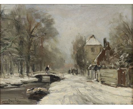 Louis Franciscus Hendrik Apol (Dutch, 1850-1936)Riverside houses in winter with a figure crossing a bridgesigned 'Louis Apol'