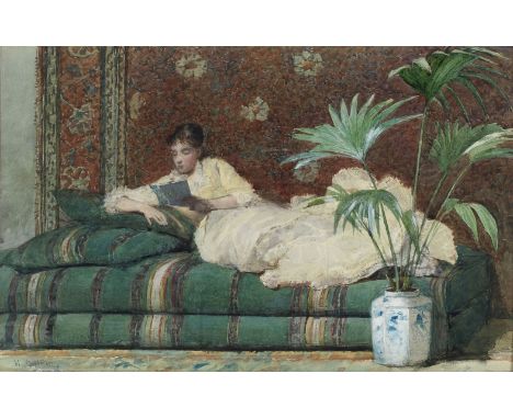 Hector Caffieri, RI, RBA (British, 1847-1932)A walk in the garden; Reclining figure reading on a couch, a pairboth signed 'H.
