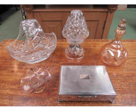 A silverplate cigarette box, lustre decanter, crystal glass basket and lamp (4)