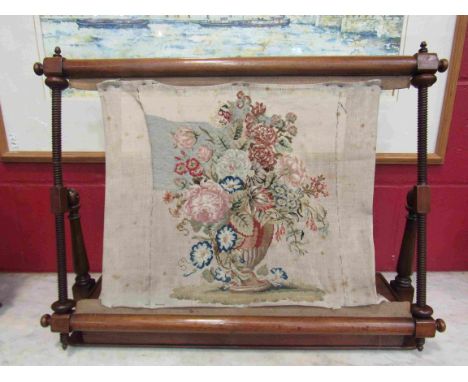 A circa 1840 mahogany tapestry needlepoint work stand with lidded thread box base, 65cm long