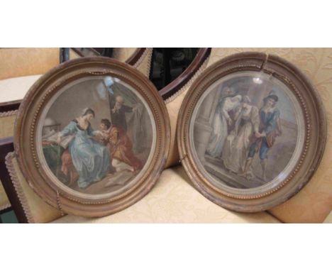 A pair of 19th Century coloured prints of figures in circular gesso frames, frames a/f