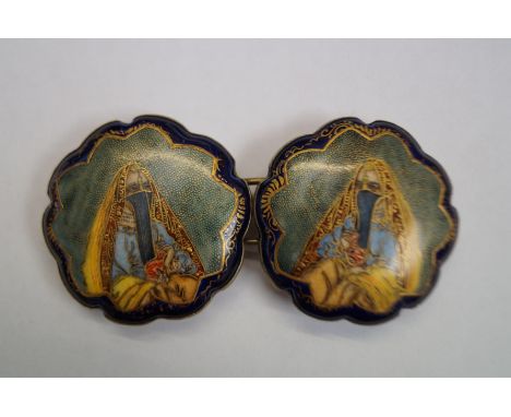 19th century Japanese belt buckle, hand painted enamel on white metal 