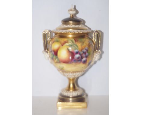 Royal Worcester hand painted Fruit Study pedestal vase and cover with twin mask handles, signed B Cox, height 22cm 