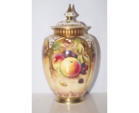 Royal Worcester hand painted Fruit Study potpourri jar and reticulated cover, signed T Nutt, height 20cm 