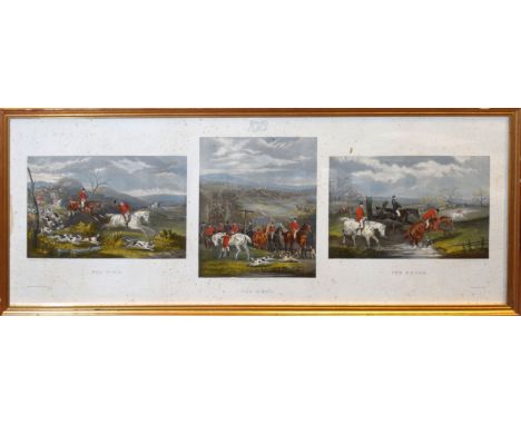 After W J Shayer, "The Find", "The Meet", "The Brook", triptych hunting print circa 1884, overall size 29 x 77cm