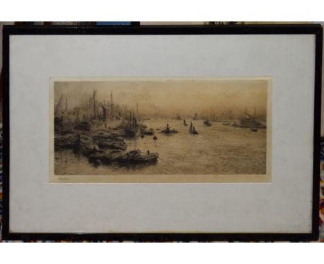William Lionel Wyllie, RA, RI, RE (1851-1931), Shipping scene, black and white etching, signed in pencil to lower left margin
