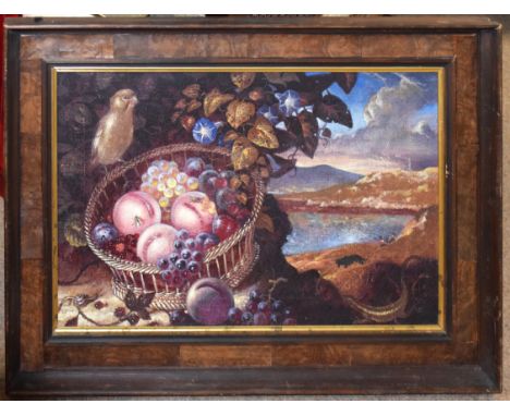 Attributed to Miguel Canals, Old Master inspired composition of a bird perched on a wicker basket with insects, oil on canvas
