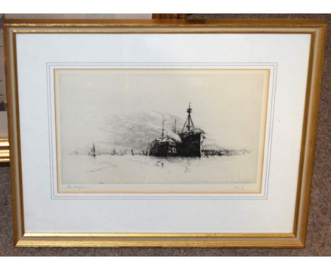 Harold Wyllie, Ships at anchor, black and white etching, signed in pencil to lower left margin, 15 x 25cm