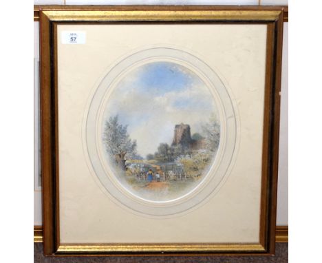 R Beatty, Country landscape with mother and child by a gate, watercolour, signed lower left, 26 x 19cm, oval