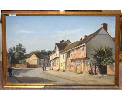 R E Jordan, Street scene at Lavenham, Suffolk, oil on board, signed lower right, 44 x 59cm