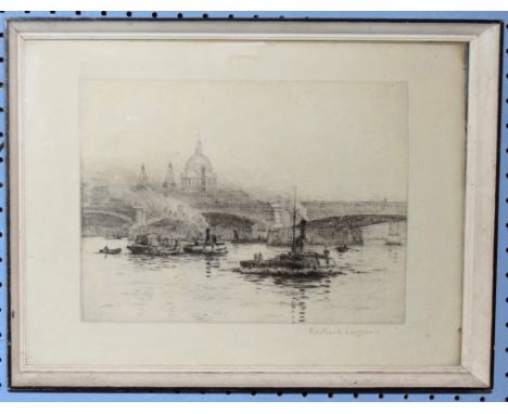 Rowland Langmaid, London Bridge with St Paul's, black and white etching, signed in pencil to lower right margin, 18 x 24cm