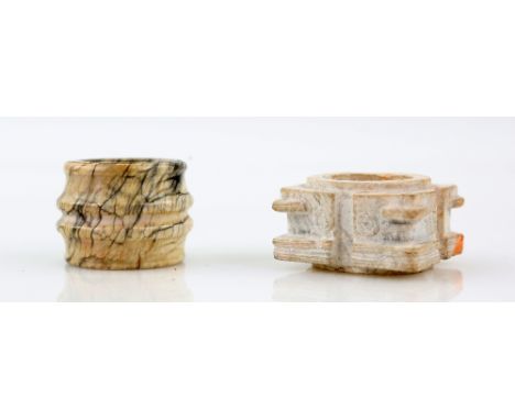 Chinese grey jade ring with ribbed decoration, 2.5cm high and a carved white/grey jade Cong form ring, 4cm square,Provenance: