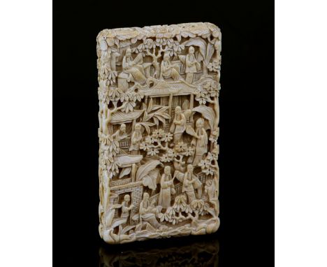 Chinese ivory card card carved with figures in a garden, 10cm x 5cm,PLEASE NOTE: THIS ITEM CONTAINS OR IS MADE OF IVORY. Buye