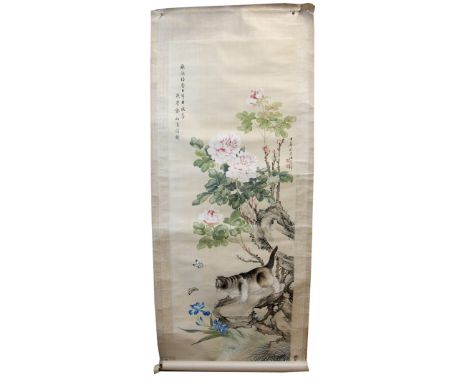 Chinese scroll painting depicting a cat chasing butterflies amongst flowers, foliage and rockwork, with calligraphy and two r