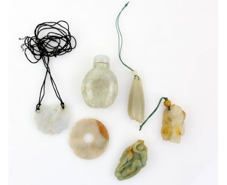 Chinese pale celadon jade pendant in the form of hanging fruit and foliage, 6cm long, jadeite snuff bottle and stopper, carve