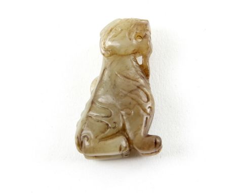 Chinese celadon jade carving of a seated beast with it's tail coming out from between it's legs, 4cm high,.    