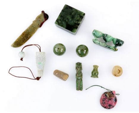 Pair of Chinese green jade beads, 2.5cm diameter, figural pendant, carved turtle and a stand, green and brown jade small dagg