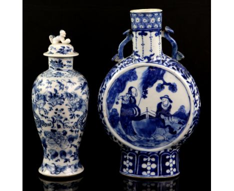 Chinese blue and white moon flask decorated with two panels of figures in a garden and stylised flowers and foliage, four cha