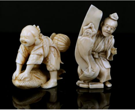 19th century Japanese ivory okimono carved as a priest with scroll Drauma, red seal mark Gydkeun, 8cm high, and another carvi