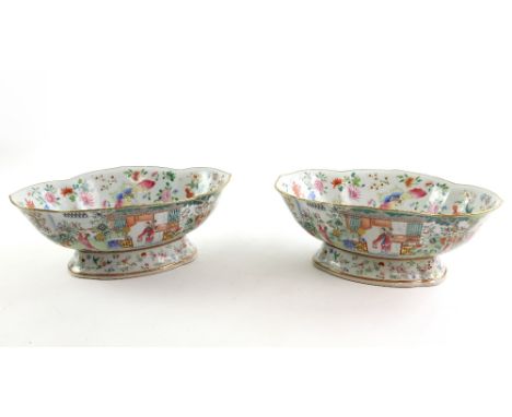 Pair of Chinese famille rose lobed dishes decorated with figures on a tree floating on an ocean, surrounded by butterflies, f