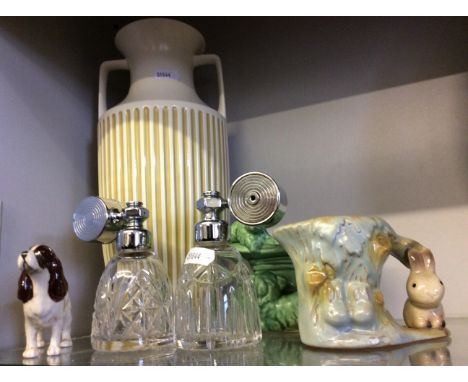 A lot to include a pair of glass perfume vials, a small Beswick dog, a ceramic Sylvac cat and dog on a top hat, and a Hornsea