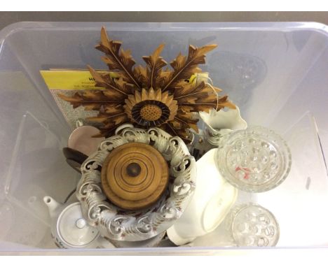 Lot to include a collection of ceramic tea cups, dishes, jugs, glassware and a wooden sunflower wall hanging