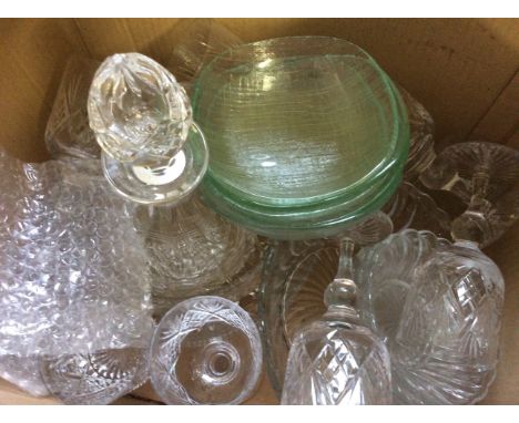 Two boxes of cut glass to include a decanter and various glasses.