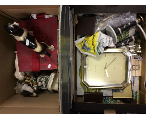 Two boxes of various items to include ceramic ware, glass collectables, various clocks, cutlery and two candlesticks.