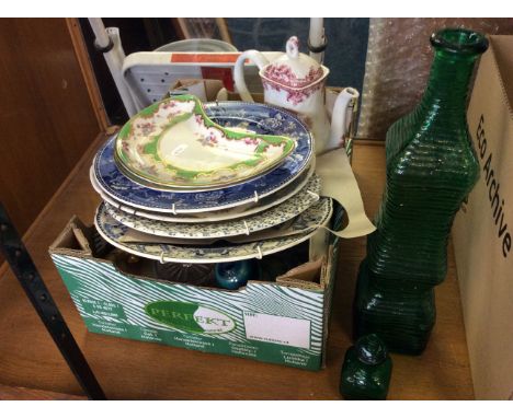 A small green Moorcroft decanter with stopper (AF), together with a collection of painted China plates, Ashworth, Wedgewood, 