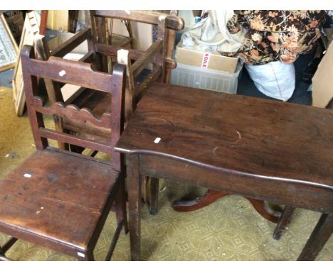 A mahogany table, bench, oak stool, Victorian nursing chair, sewing box, bench and various chairs etc.