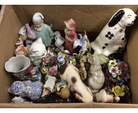 A box of assorted ceramic ware including Chorley swan and small decorative pot.