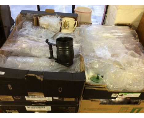 Five boxes of cut glassware, ceramic tea sets, pewter tankards and a Queen Elizabeth II coronation mug.