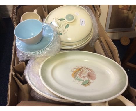 Two boxes of mixed ceramics to include a floral 'Susie Cooper' part dinner service and Poole pottery items.