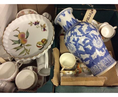Two boxes to include part Colclough tea service, Royal Worcester flan dish in Evesham pattern and a large blue and white flor