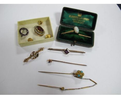 An Opal Single Stone Set Bar Brooch, oval collet set (damaged), in a fitted case; together with an oval brooch, within pearl 