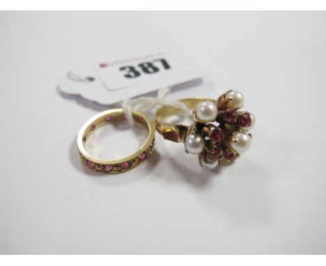 A Pearl Set Cluster Ring, claw set, stamped "9ct"; together with an eternity style band, stone set. (2) 