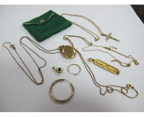 An Egyptian Cartouche Pendant, oval locket pendant on chain, cross pendant on chain, further chains, hoop earrings, etc. 