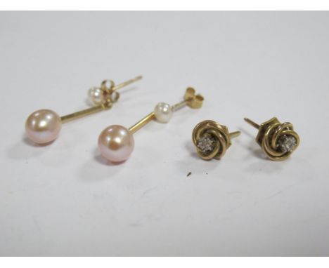 A Pair of Pearl Drop Earrings, together with a pair of single stone inset earstuds of knot design. 