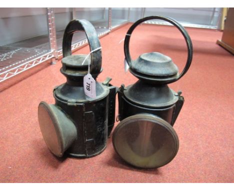 Railway Lamp, black painted with loop handle impressed 'BR' to side panel, another similar. 