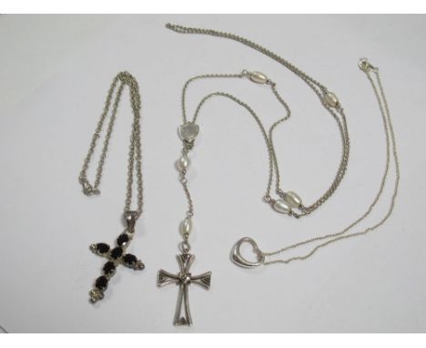 A Modern Cross Pendant, on long chain with pearl spacers; a claw set cross pendant, stamped "925" on chain; and an open heart