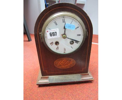 Edwardian Inlaid Mahogany Mantel Clock, arched case, with a circular enamel dial (damaged), shell inlay, presentation plaque,