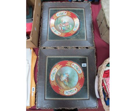 A Pair of Late XIX Century Cabinet Plates, the centres decorated with XVIII Century courting couples in garden settings, sign