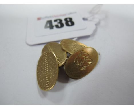 A Pair of 9ct Gold Cufflinks, the oval panels initialled and engine turned, on chain connections. 