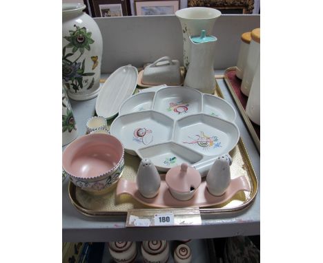 Poole Pottery Sectional Dish, vase, cucumber dish, coffee pot cruet, bottle dish, etc:- One Tray 