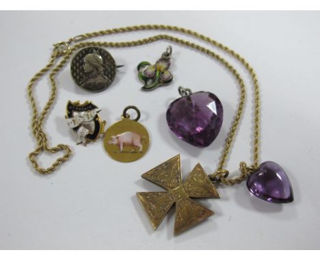 A Disc Charm Pendant, detailed in pink enamel with a pig, together with heart pendants, XIX Century cross pendant, chain, etc