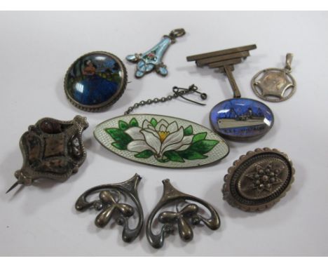 T.S.S Voltaire Butterfly Wing Brooch, cloisonne and other brooches, enamel pendant, stamped "CH" etc. 