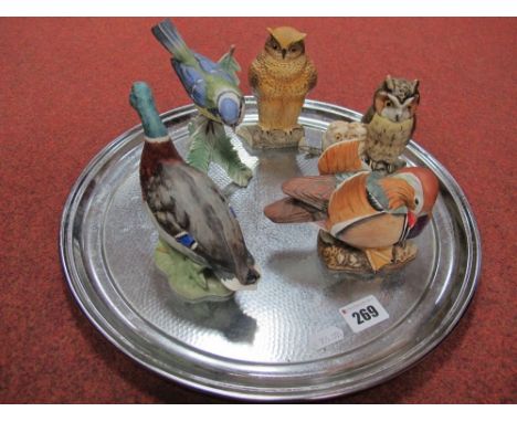 Goebel- Five Matt Pottery Birds, to include mandarin duck, blue titmouse, mallard, owls. 