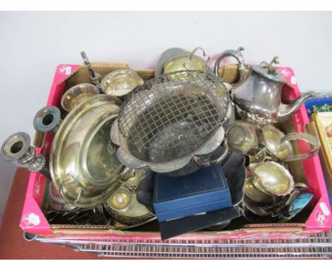 A Mixed Lot of Assorted Plated Ware, including snap and sugar bowls on stands, teapot, footed dish, toast rack, tray, candles