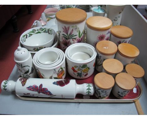 Portmeirion 'Botanic Garden' Pottery, storage jars, rolling pin, drainer bowl, caster:- One Tray 